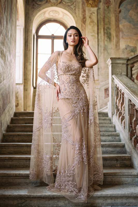 Cape Shoulder Gown