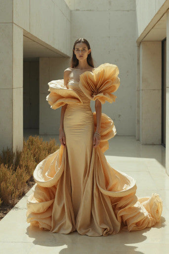 Ruffled Off Shoulder Flared Gown