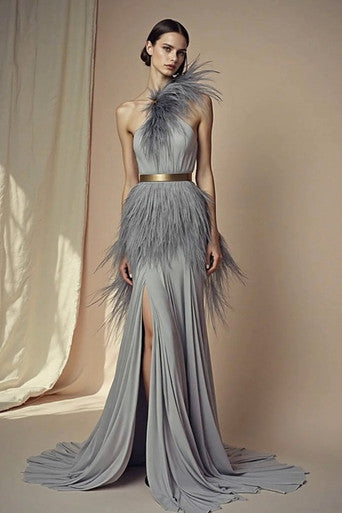 Strapless Feathered Slit Gown