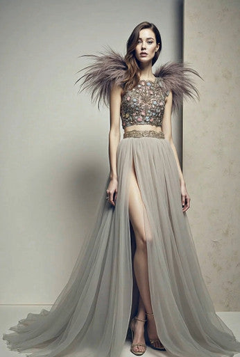 Pleated A-Line Slit Gown