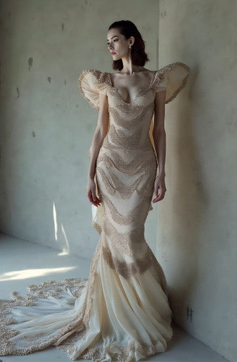 Short Sleeved Embellished Gown