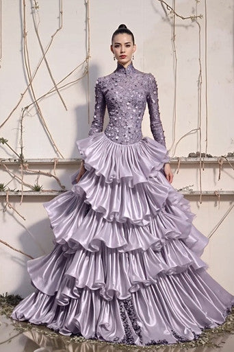 Long Sleeve Tiered Ball Gown
