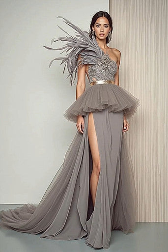 Oversized Feathered Shoulder Gown