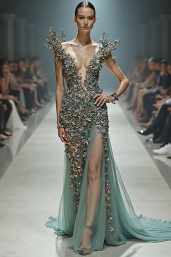 Embellished Sculpted-Shoulder Gown