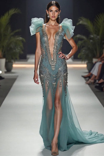 Embellished Semi-Sheer Slit Gown