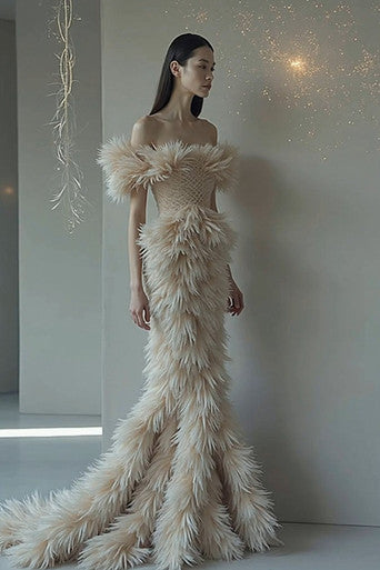 Off Shoulder Feathered Gown