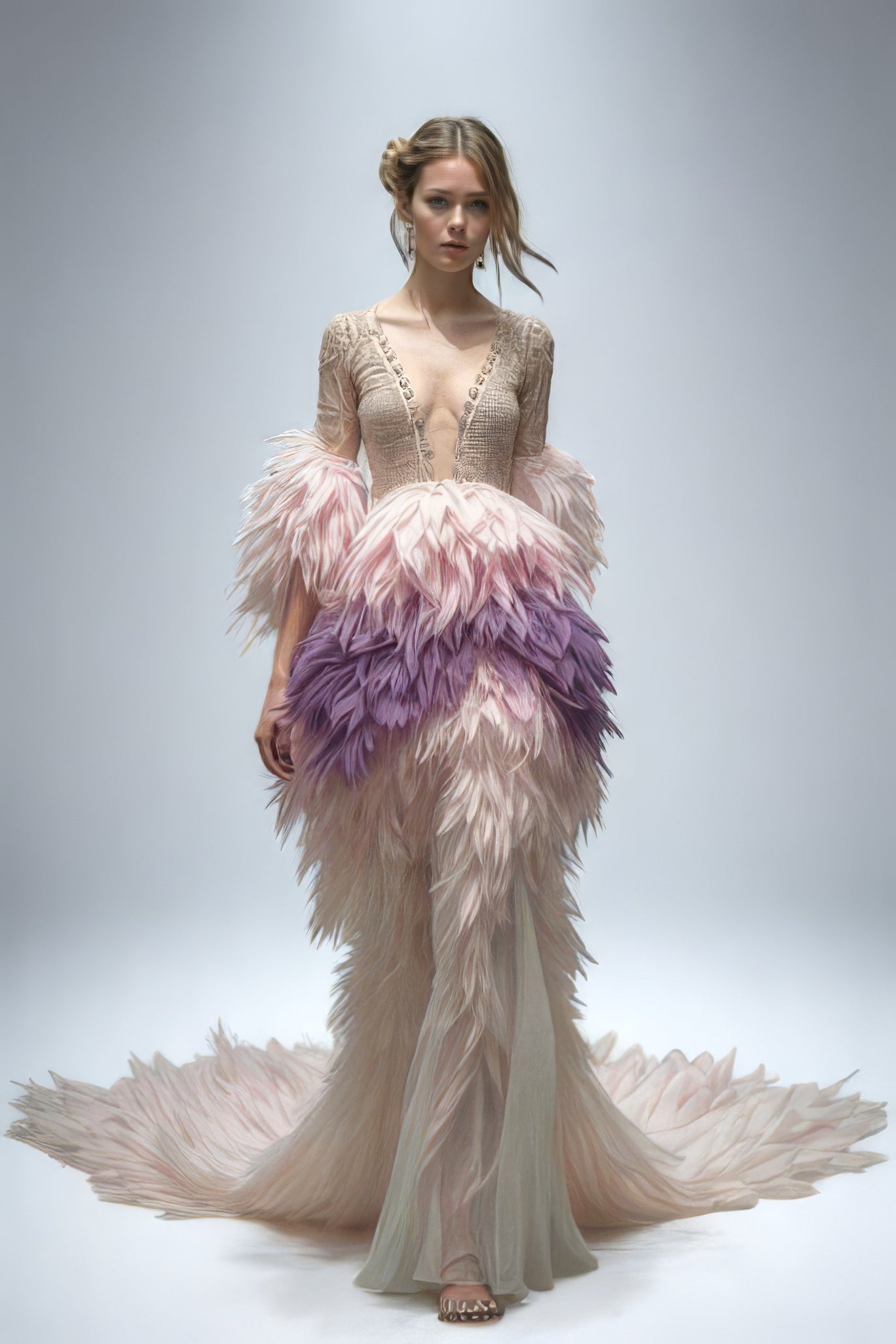 Feathered Elbow Sleeved Gown