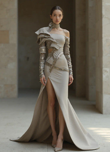One-Shoulder Long Sleeve Slit Gown