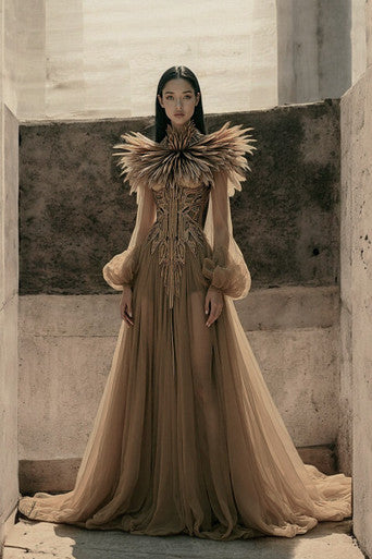 Feathered High Neck Gown