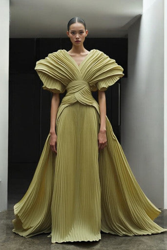 Fully Pleated Short-Sleeve Gown