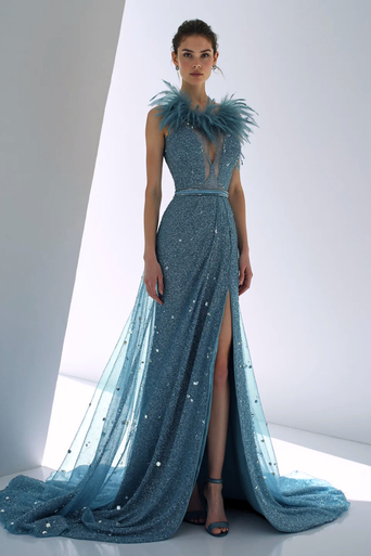 Feathered Neck Embellished Gown
