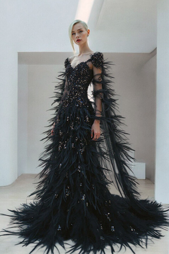 Feathered Cape-Sleeve Gown