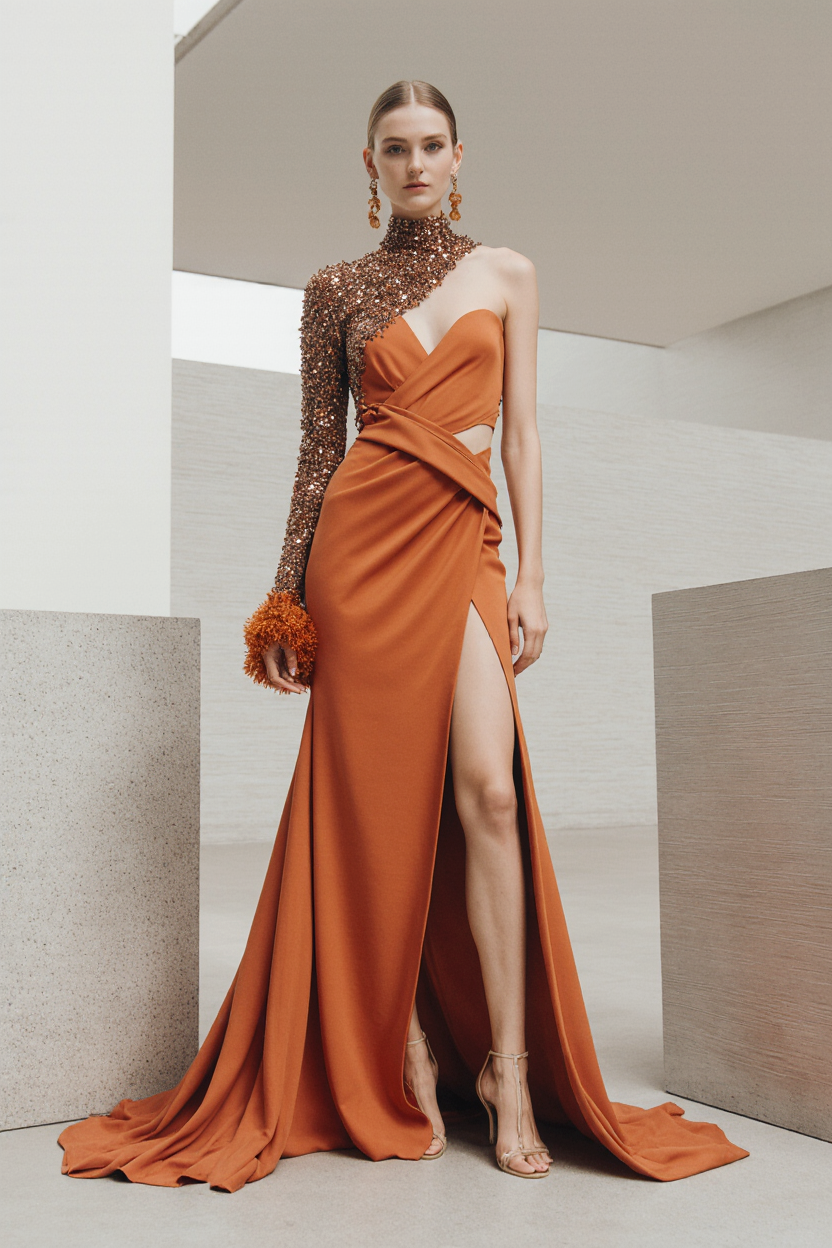High Low Beaded Sleeve Gown US 4 / Orange