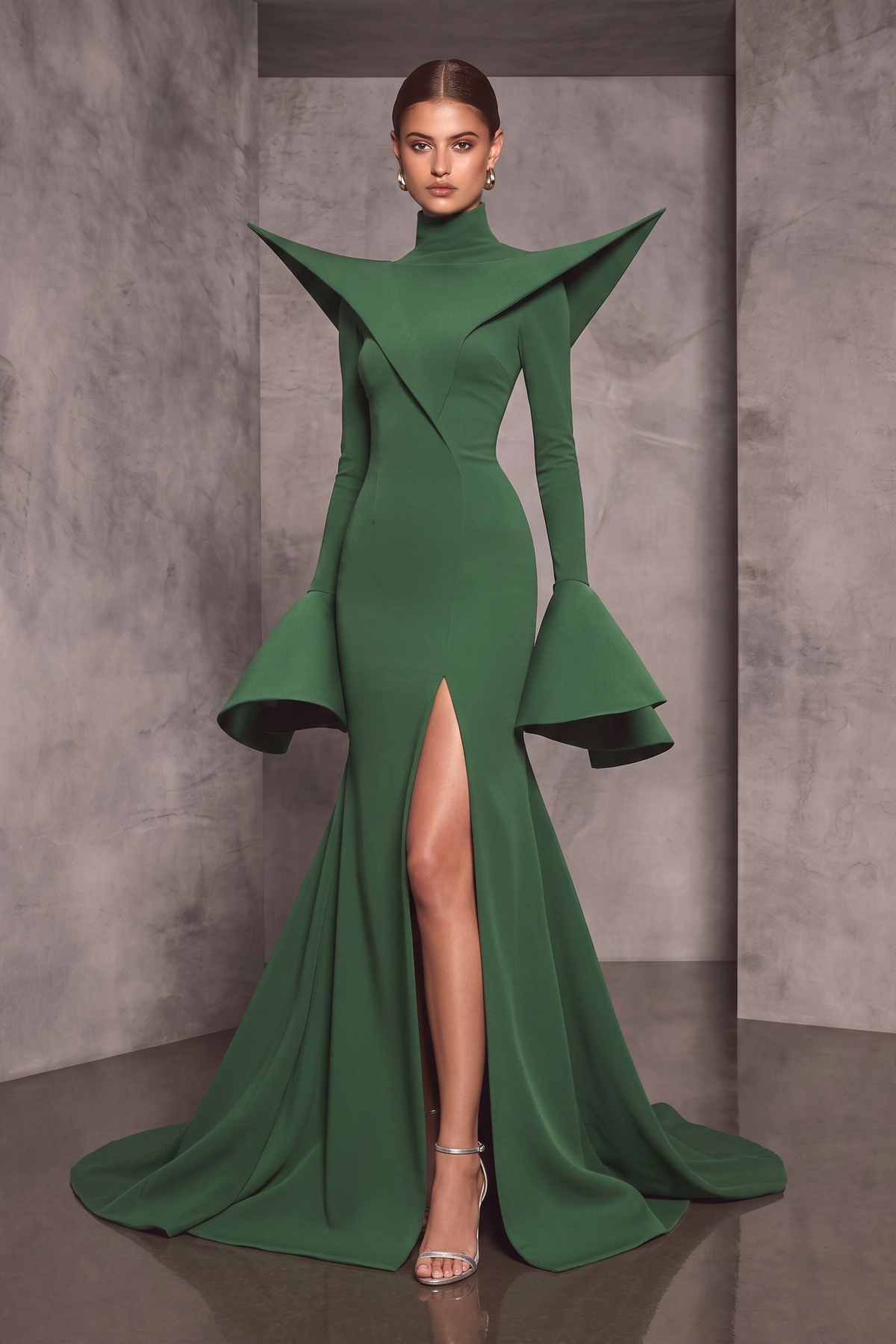 Vestido con hombros estructurados y acampanados