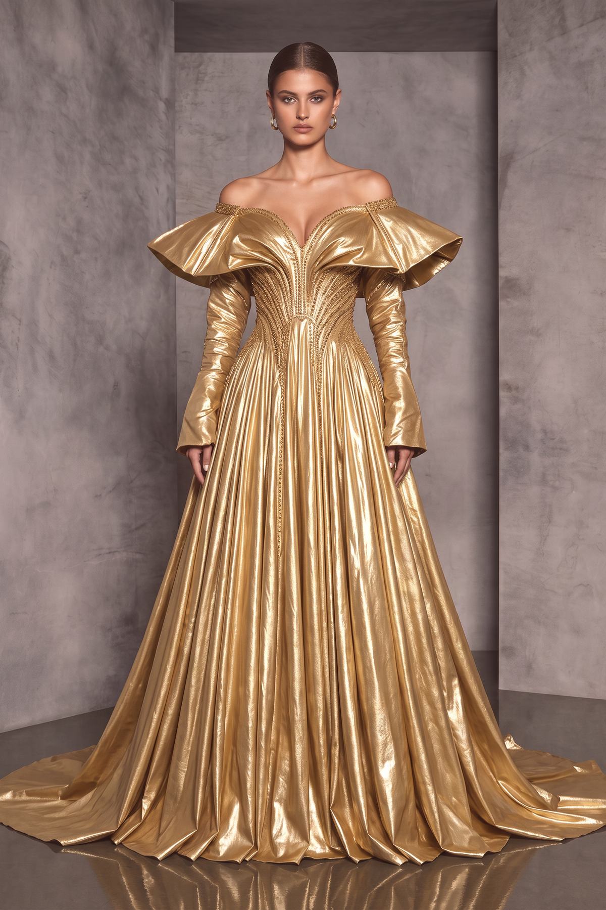 Vestido de Noche con Hombros Descubiertos y Mangas Acampanadas