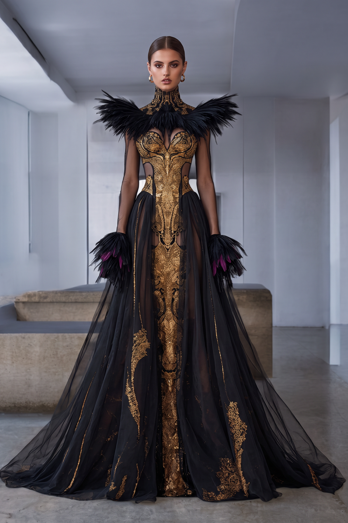 High Neck Flared Cuff Gown