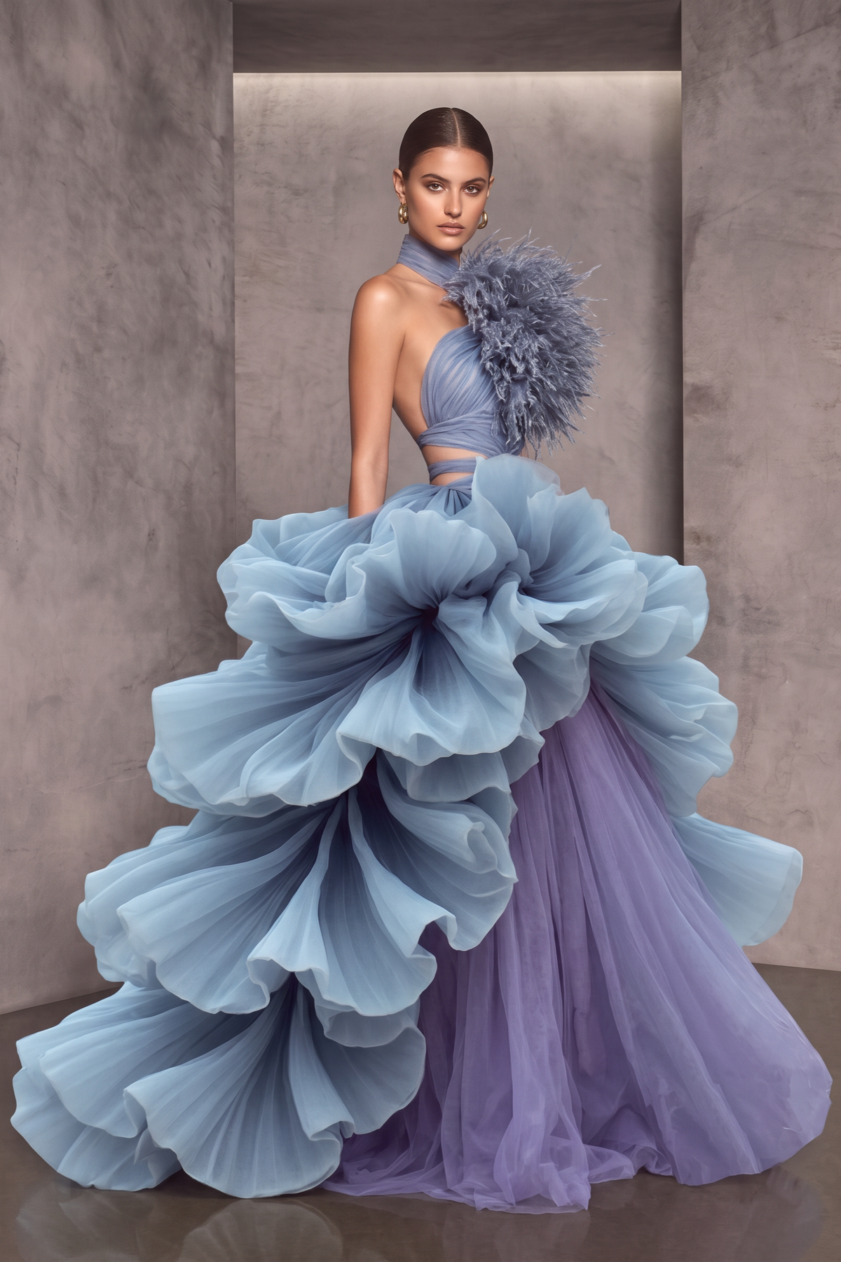Two-Tone Feather Bodice Ball Gown