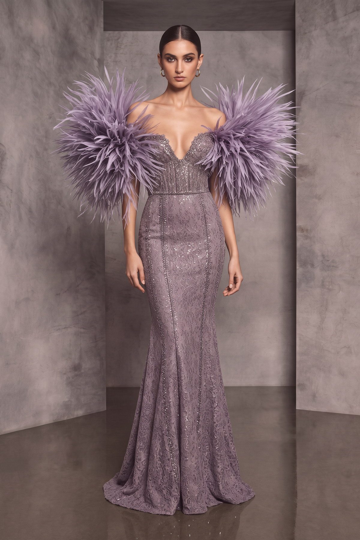 Feathered Sleeve Off Shoulder Gown