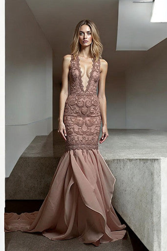 Deep V-Neck Embroidered Gown