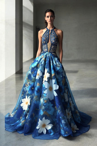 Azul Floral Halter Gown