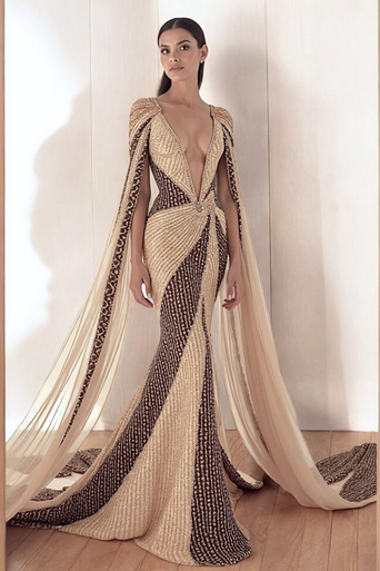 Plunging Cape Sleeve Gown