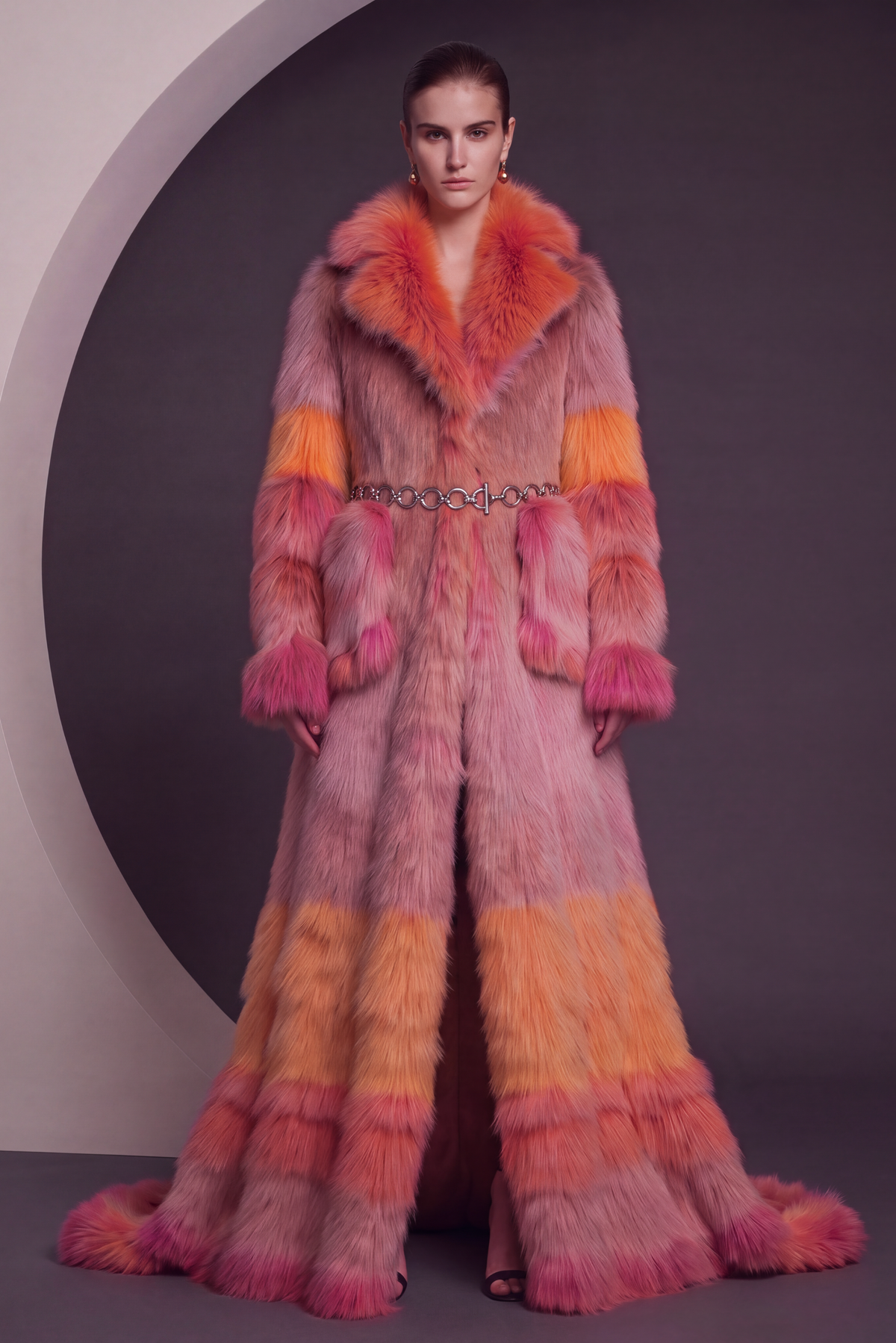 Multicolor Coat with Chain Belt