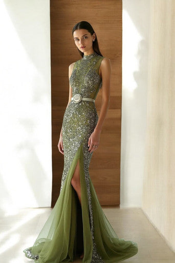 Sleeveless High-Neck Slit Gown
