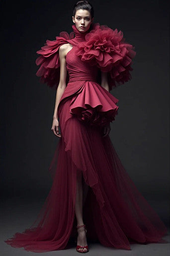 Ruffled Peplum Slit Gown