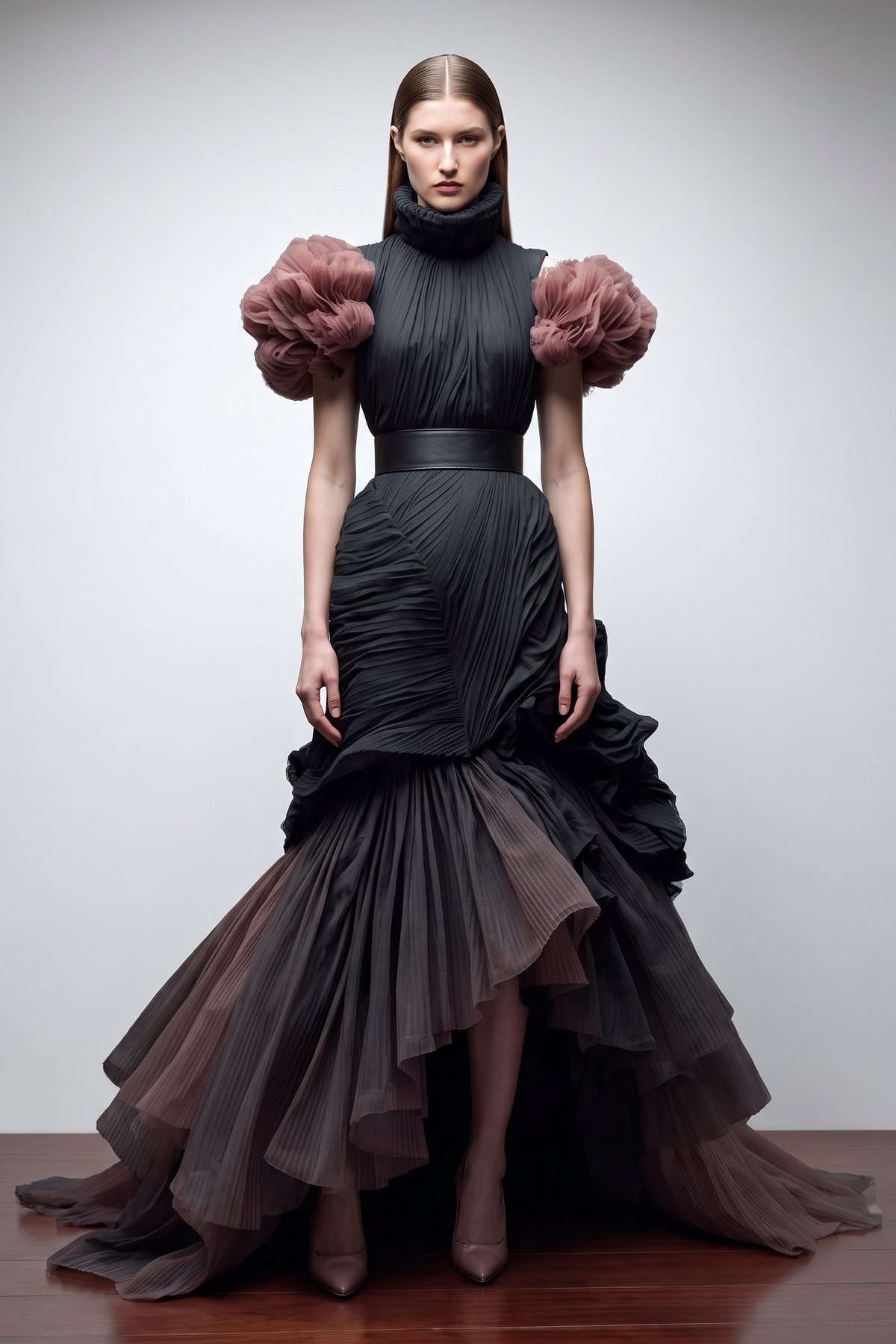 Vestido de noche estilo trompeta con cuello alto