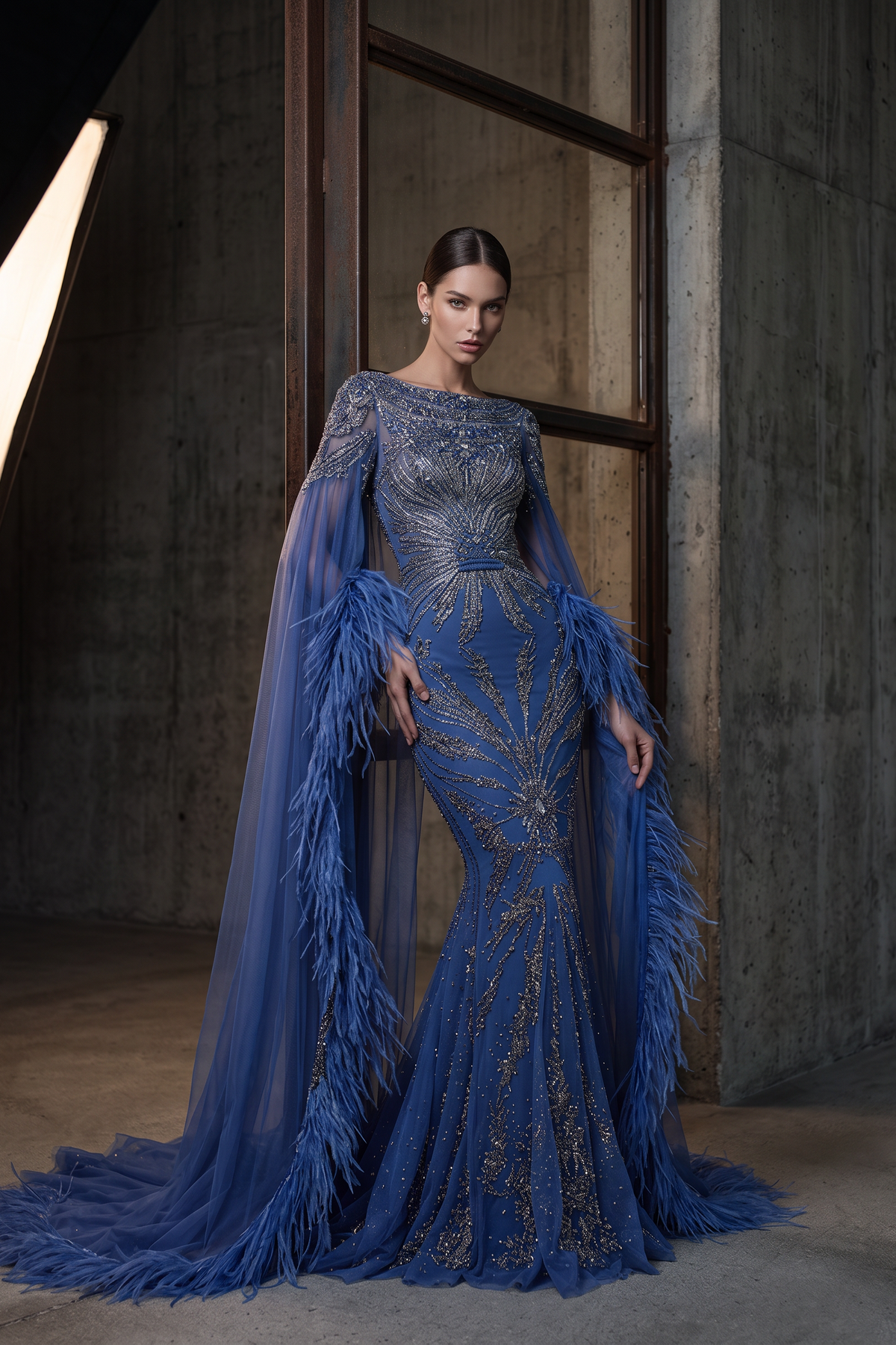Embroidered Feather Detail Gown