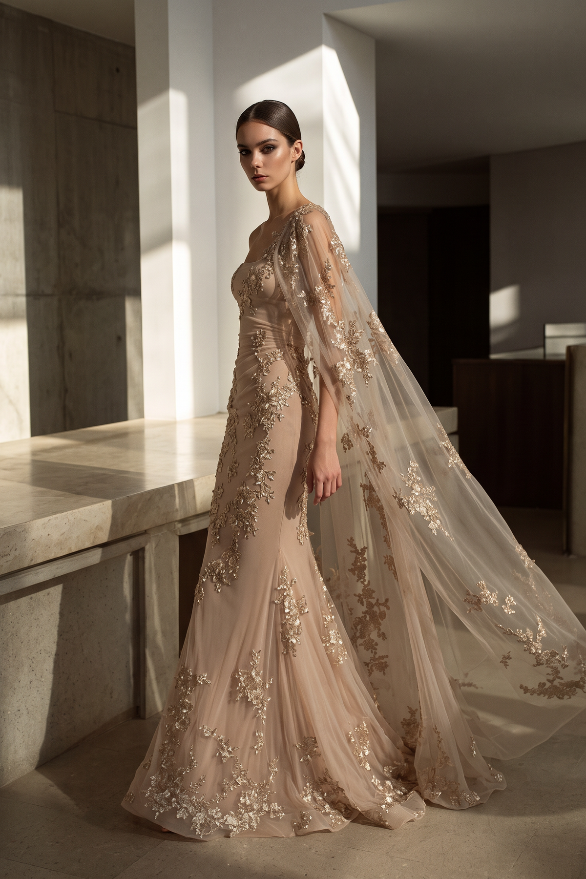 Single Shoulder Illusion Cape Gown