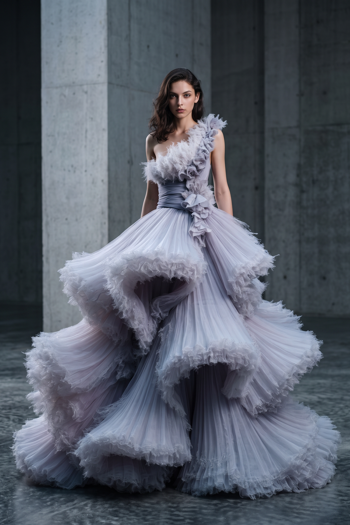 One-Shoulder Sculpted Ruffle Ball Gown