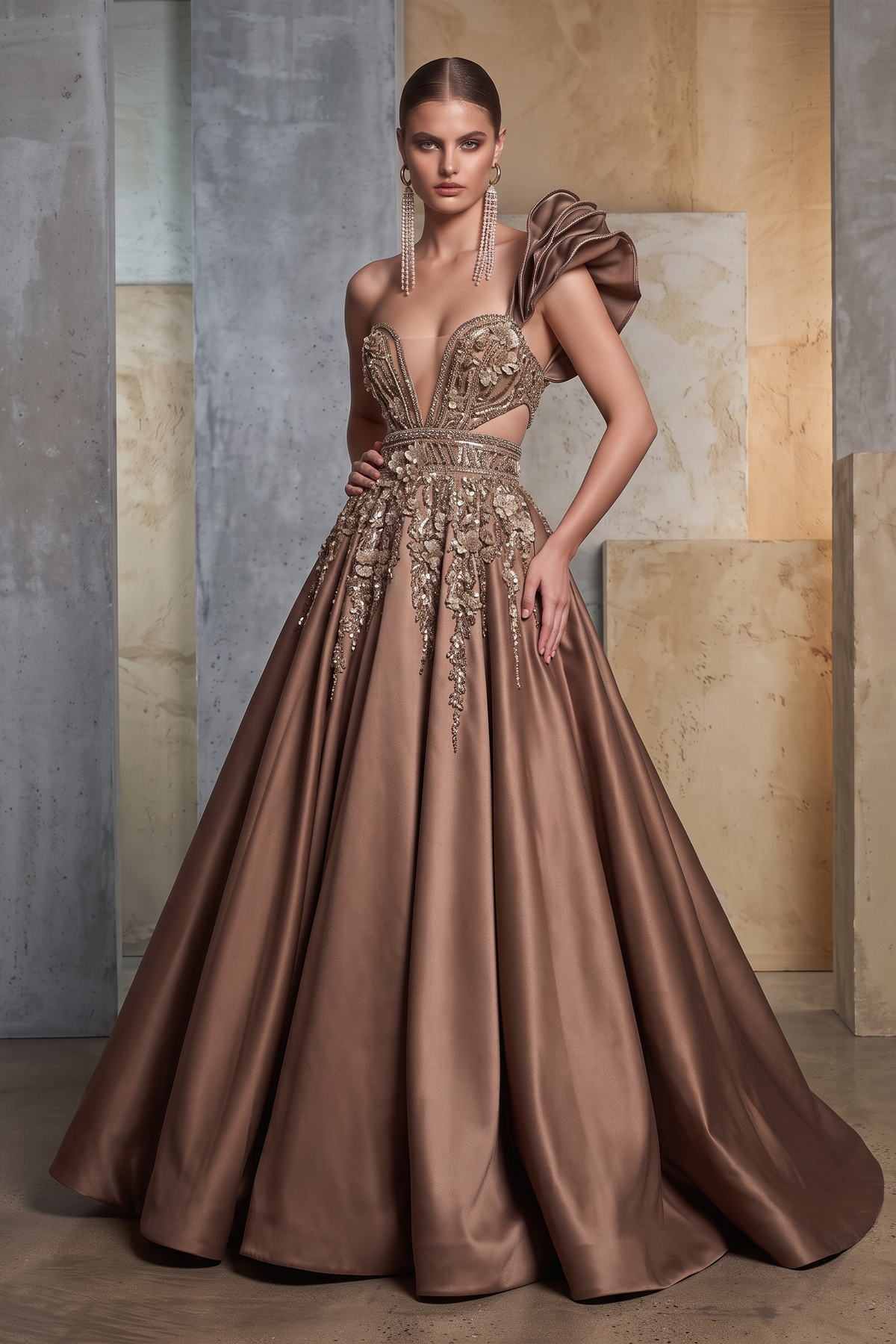 Ruffle Shoulder Plunged Bodice Gown