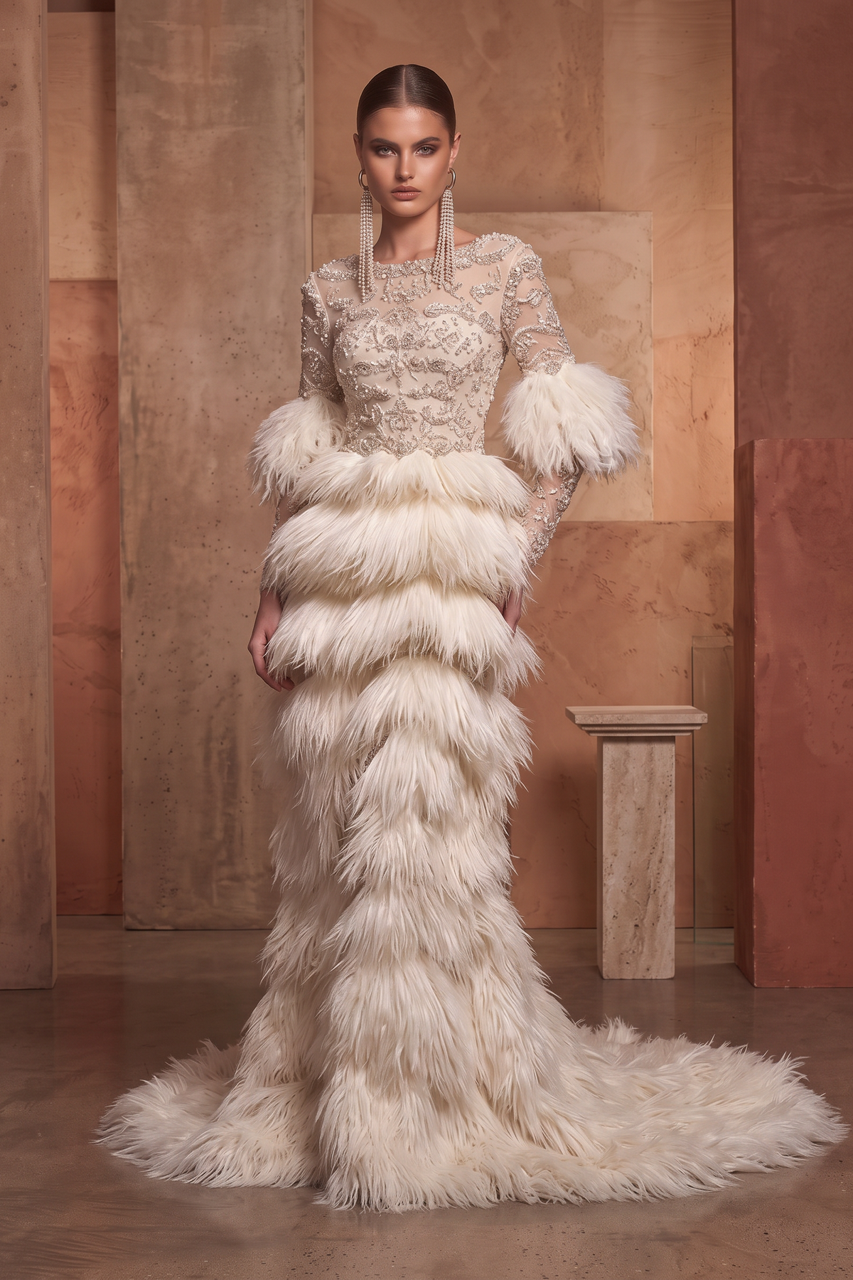Vestido escalonado de plumas