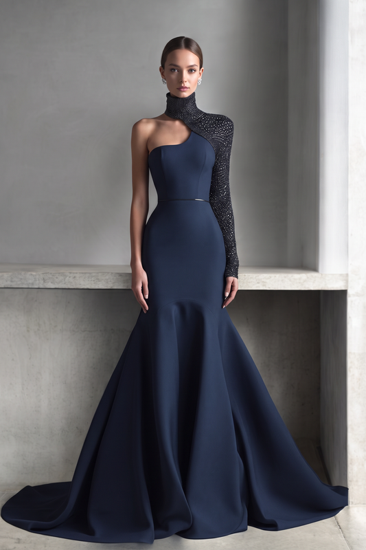 Vestido de Noche con Cuello Alto y Manga Única