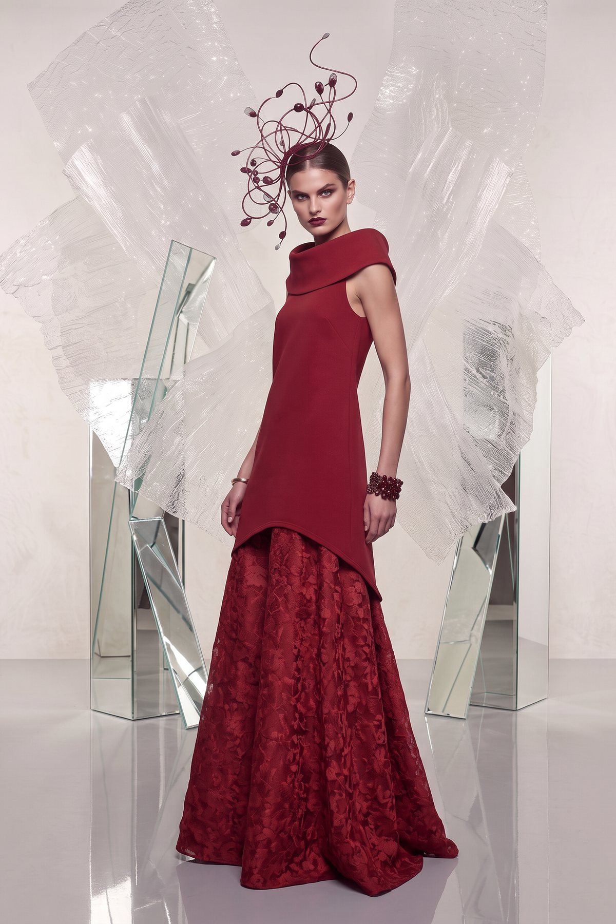 Cowl-Collar Brocade Two-Piece Dress