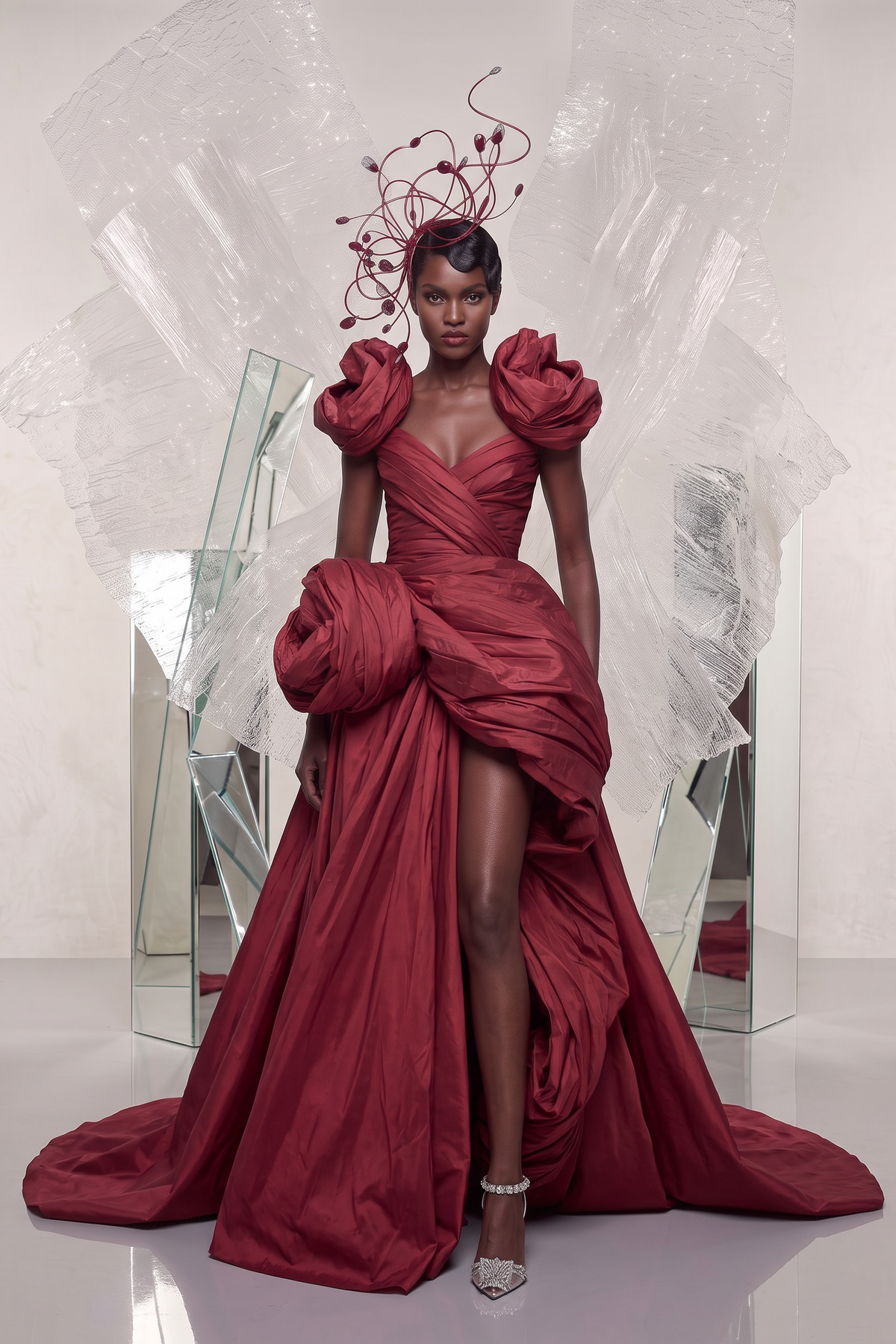 Rosette Draped Taffeta Gown
