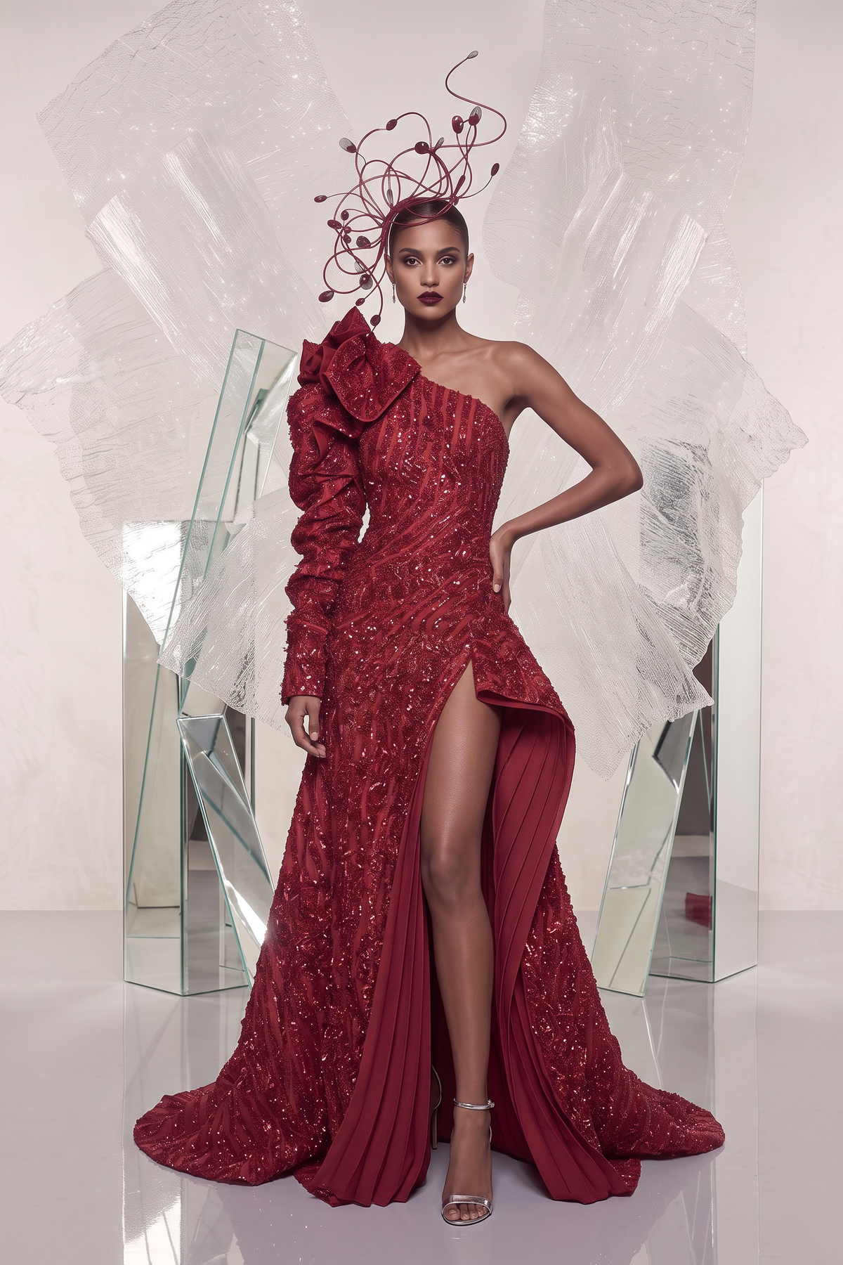 One-Shoulder Embellished Slit Gown