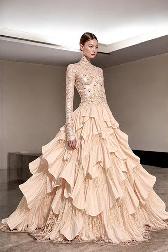 Long Sleeve Cascading Ruffle Gown