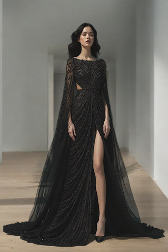 Boat Neck Illusion Draped Gown
