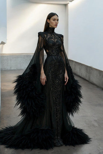 Draping Illusion Feather Gown