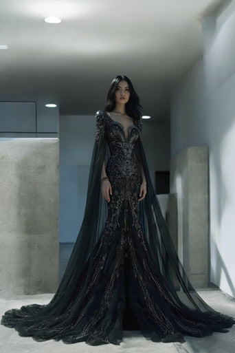 Embroidered Draping Cape Gown