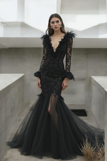 Lace Sleeve V-Neck Gown