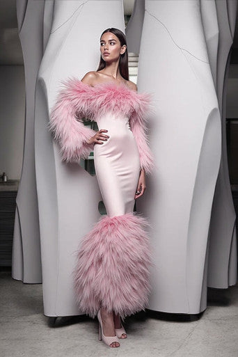 Off Shoulder Feathered Dress