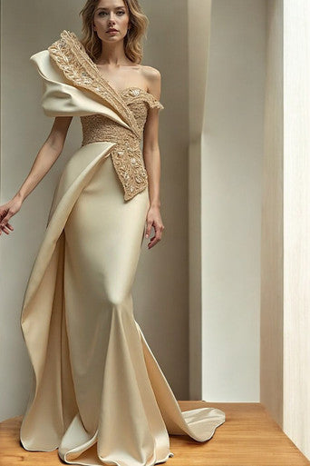 Asymmetric Dramatic Shoulder Gown