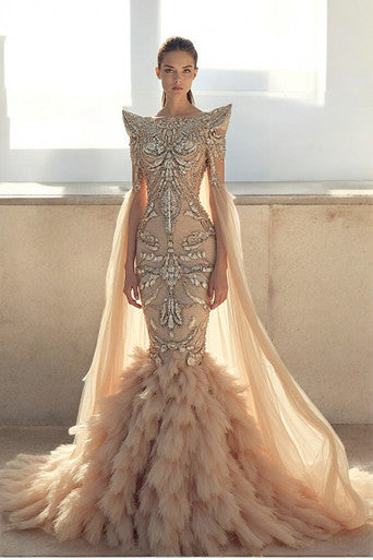 Embroidered Draped Long Sleeve Gown