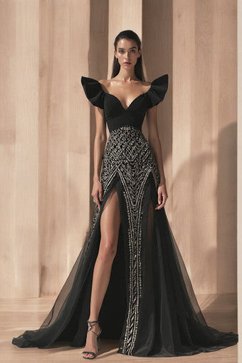 Wide V-Neck Double Slit Gown