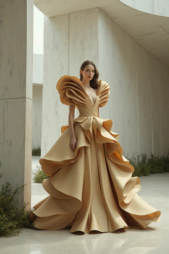 Plunging Sculpted Sleeve Gown