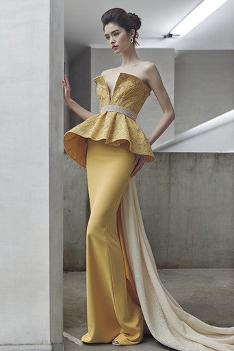 Ruffled Peplum Strapless Gown