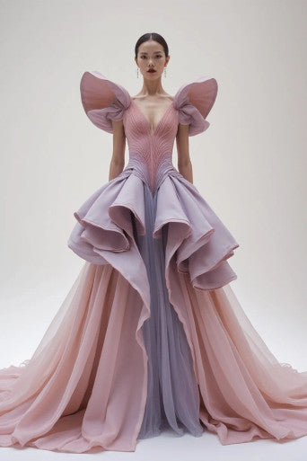 Wide V-Neck Ruffled Gown